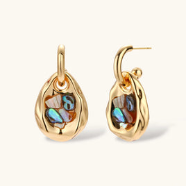 Shell Mosaic convertible hoop earrings with polished teardrop pendants and iridescent shell inlay | Olaty