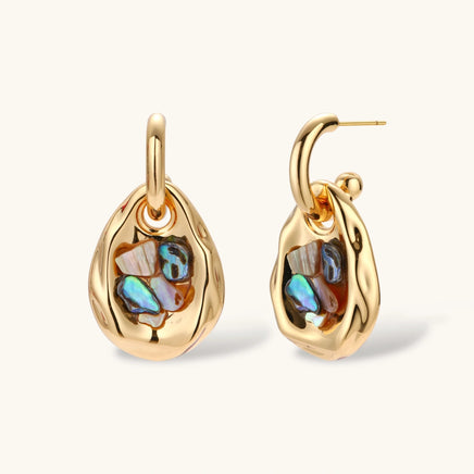 Shell Mosaic convertible hoop earrings with polished teardrop pendants and iridescent shell inlay | Olaty