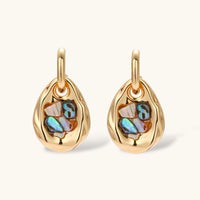 Side view of Shell Mosaic convertible earrings showing curved gold-tone hoops and removable drop pendants | Olaty