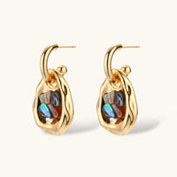 Gold-plated convertible hoop earrings with iridescent shell mosaic pendants, shown assembled and separated on cream background.