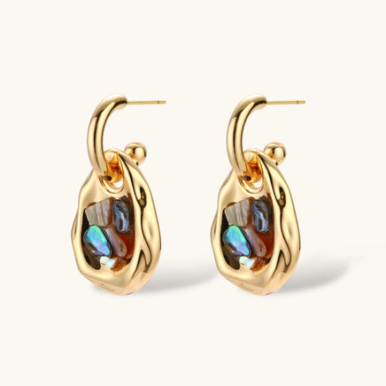 Gold-plated convertible hoop earrings with iridescent shell mosaic pendants, shown assembled and separated on cream background.