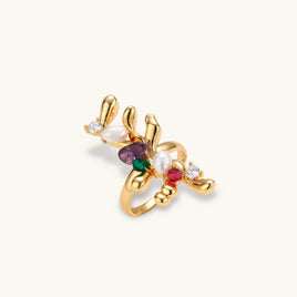 Botanical gold statement ring with freshwater pearls, colorful natural stones and sculptural branch details | Olaty