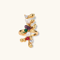 Front view of botanical garden ring with colorful natural stones, freshwater pearls and polished gold branches | Olaty