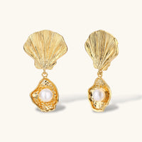 Ocean shell pearl drop earrings with sculpted gold scallop tops and freshwater pearl oyster drops | Olaty