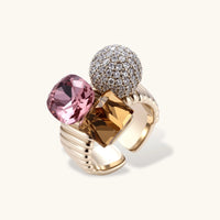 Sculptural statement ring with pink cushion crystal, amber geometric stone and pavé crystal sphere | Olaty