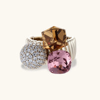 Front view of statement ring with pink crystal, amber faceted stone and pavé crystal sphere | Olaty