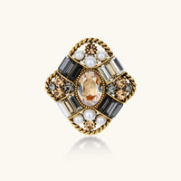 Baroque Crown Crystal Brooch with ornate gold-tone frame, pearl accents and multitone faceted crystals | Olaty