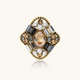 Baroque Crown Crystal Brooch with ornate gold-tone frame, pearl accents and multitone faceted crystals | Olaty