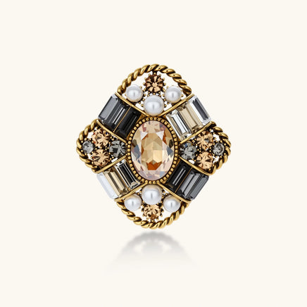 Baroque Crown Crystal Brooch with ornate gold-tone frame, pearl accents and multitone faceted crystals | Olaty