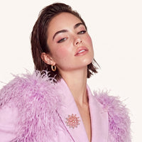 Pink Bloom Crystal Statement Brooch styled on a pink blazer with sparkling layered floral design | Olaty
