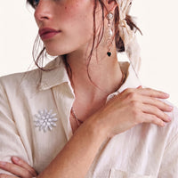 Starflower Crystal Statement Brooch styled on a white blouse with sparkling marquise-cut zirconia petals | Olaty
