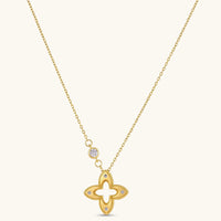 Blooming Star gold necklace with open four-petal pendant, brushed texture and delicate sparkling accents | Olaty