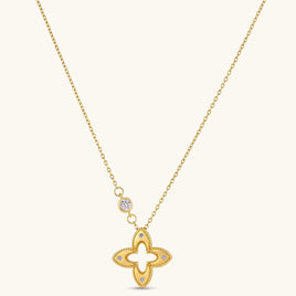 Blooming Star gold necklace with open four-petal pendant, brushed texture and delicate sparkling accents | Olaty