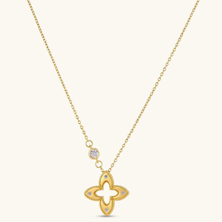 Blooming Star gold necklace with open four-petal pendant, brushed texture and delicate sparkling accents | Olaty