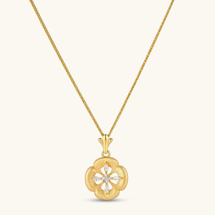 Bloom petal medallion necklace with brushed gold floral pendant and marquise cubic zirconia accents | Olaty