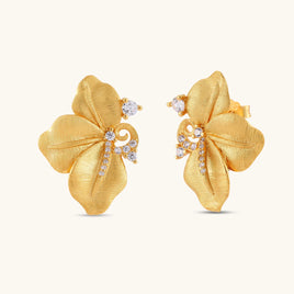 Bloom sculpted petal stud earrings with brushed gold petals and sparkling cubic zirconia accents | Olaty