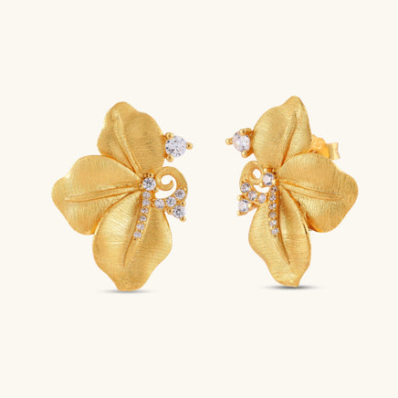 Bloom sculpted petal stud earrings with brushed gold petals and sparkling cubic zirconia accents | Olaty