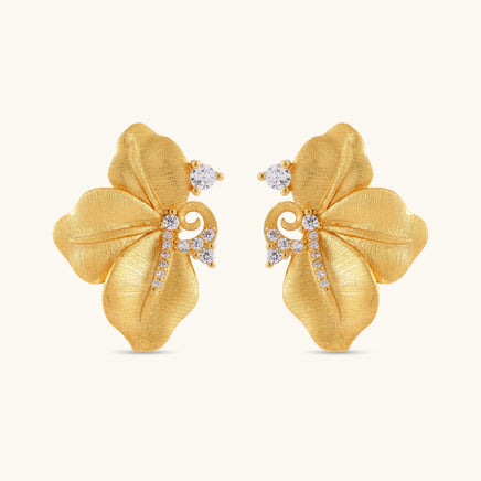 Front view of Bloom gold flower stud earrings with sculpted petals and brilliant cubic zirconia details | Olaty
