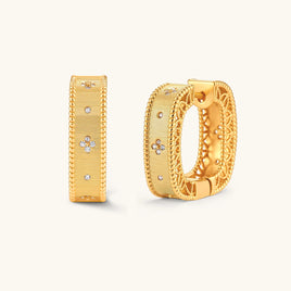Baroque ribbed huggie hoop earrings with rope-twist borders and floral details in gold-plated sterling silver | Olaty