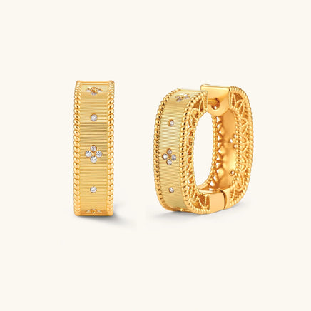 Baroque ribbed huggie hoop earrings with rope-twist borders and floral details in gold-plated sterling silver | Olaty