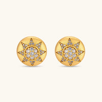 Front view of Celestial Dome round gold stud earrings with sparkling celestial star motif | Olaty