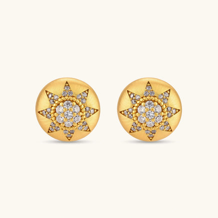 Front view of Celestial Dome round gold stud earrings with sparkling celestial star motif | Olaty