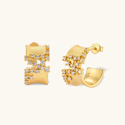Stardust Scatter Hoop Earrings in 18K gold-plated 925 sterling silver with scattered cubic zirconia clusters, front and angled view | Olaty