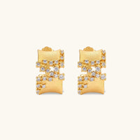 Front view of Stardust Scatter Hoop Earrings with brushed gold texture and scattered cubic zirconia clusters | Olaty