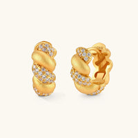 Braided pavé huggie hoop earrings with brushed gold texture and cubic zirconia accents in front and angled views | Olaty