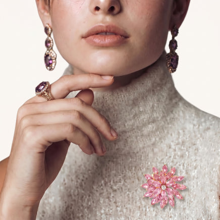 Pink Bloom Crystal Statement Brooch worn on a light textured top with radiant pink marquise-cut crystal petals | Olaty