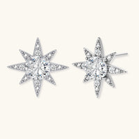 GRA certified moissanite diamond celestial starburst earrings showing round center stones and sparkling star points