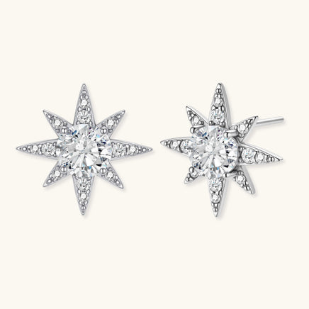 GRA certified moissanite diamond celestial starburst earrings showing round center stones and sparkling star points