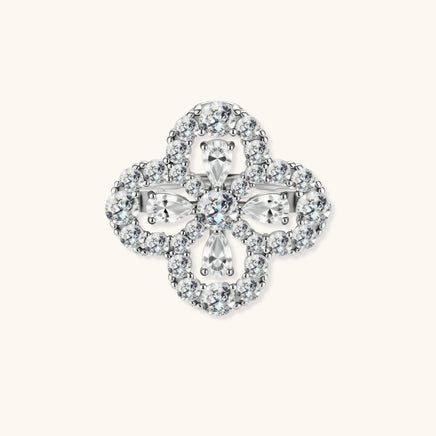 Top view of Lucky Clover Ring with brilliant moissanite stones arranged in an ornate four-leaf clover design | Olaty