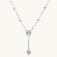 GRA certified moissanite drop necklace in 925 sterling silver with halo centerpiece and teardrop pendant | Olaty