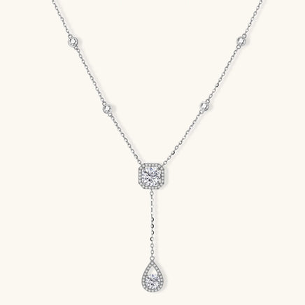 GRA certified moissanite drop necklace in 925 sterling silver with halo centerpiece and teardrop pendant | Olaty