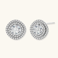 GRA certified round moissanite double halo stud earrings in polished 925 sterling silver front and angled view | Olaty