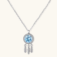 GRA Certified Blue Moissanite Diamond Dreamcatcher Necklace with feather pendant in polished sterling silver | Olaty