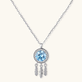 GRA Certified Blue Moissanite Diamond Dreamcatcher Necklace with feather pendant in polished sterling silver | Olaty