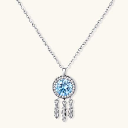 GRA Certified Blue Moissanite Diamond Dreamcatcher Necklace with feather pendant in polished sterling silver | Olaty