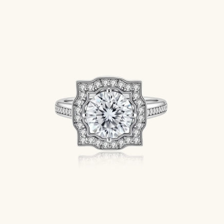 GRA certified round moissanite halo ring in 925 sterling silver with vintage crown setting | Olaty
