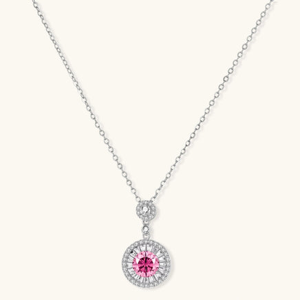 Front view of GRA Certified Pink Moissanite Diamond Radiance Halo Necklace in 925 sterling silver | Olaty
