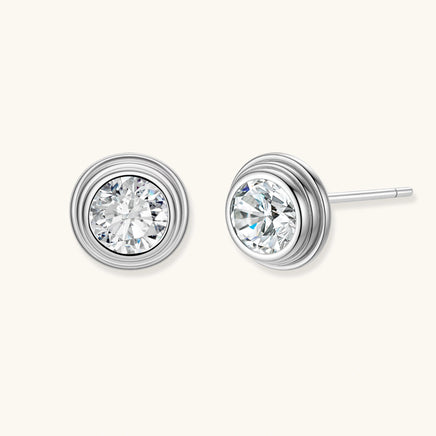 Front and angled view of GRA Certified Moissanite Diamond Orbit Stud Earrings in 925 sterling silver | Olaty