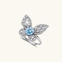 GRA Certified Blue Moissanite Diamond Butterfly Statement Ring in polished 925 sterling silver | Olaty