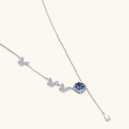 GRA certified rainbow moissanite butterfly necklace in polished 925 sterling silver with drop pendant | Olaty