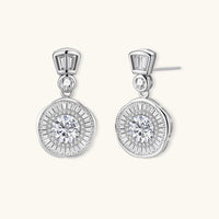 Celestial Moissanite Diamond Drop Earrings in sterling silver with round sunburst design angled view | Olaty