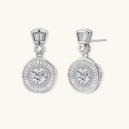 Celestial Moissanite Diamond Drop Earrings in sterling silver with round sunburst design angled view | Olaty
