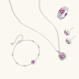 GRA certified pink moissanite four-piece sterling silver jewelry set with necklace, earrings, ring and bracelet | Olaty