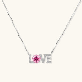 GRA certified pink moissanite diamond LOVE necklace in polished 925 sterling silver front view | Olaty