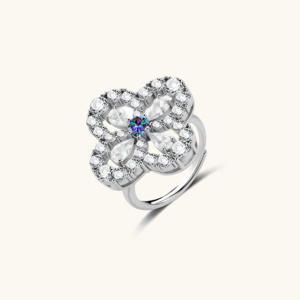 GRA Certified Prismatic Moissanite Diamond Bloom Ring with floral sterling silver setting angled view | Olaty