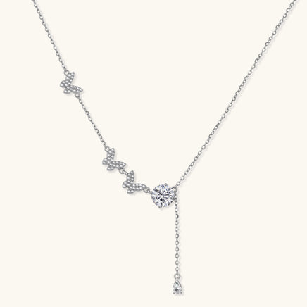 GRA certified moissanite diamond Flutter Dreams butterfly lariat necklace in 925 sterling silver front view | Olaty